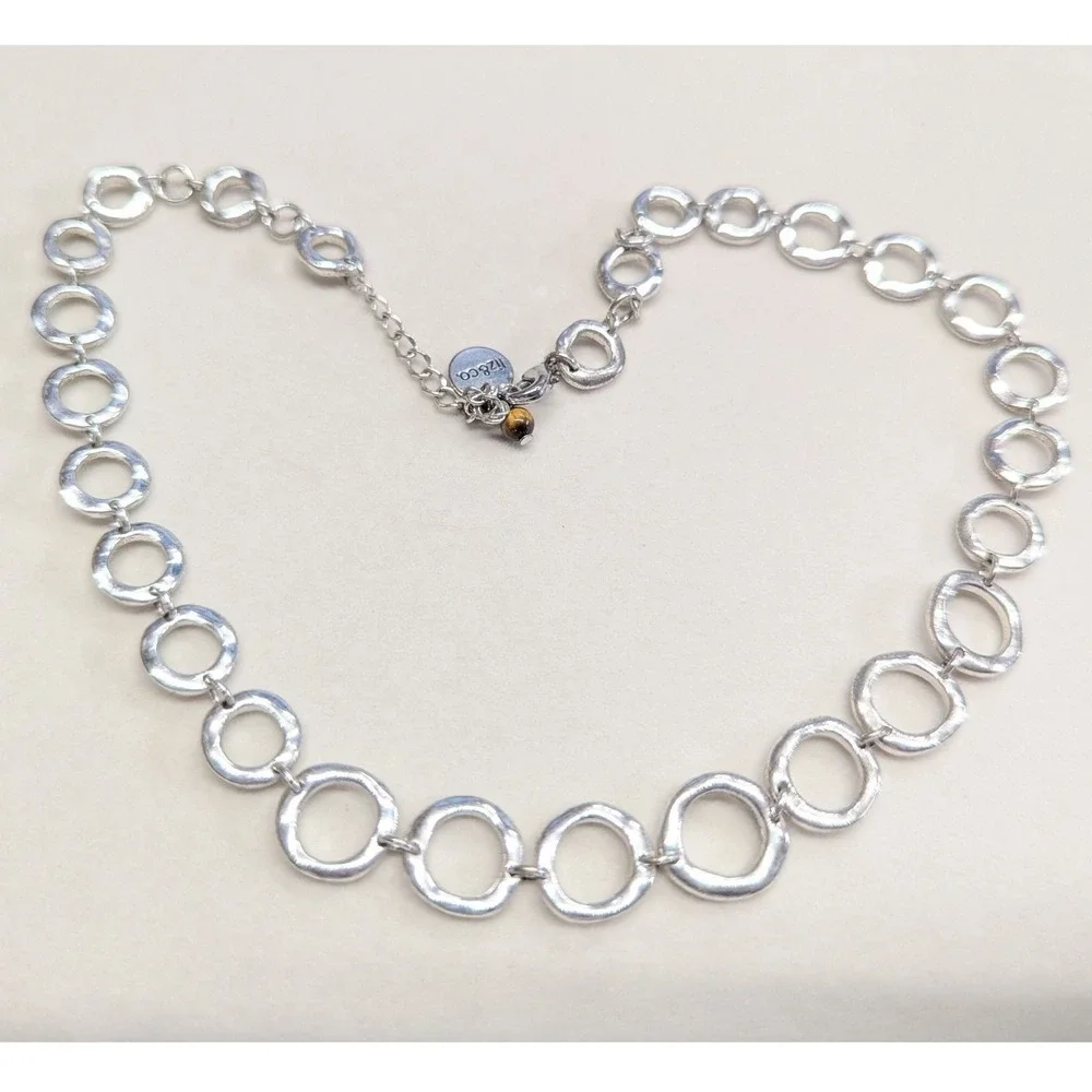 Liz & Co Claiborne Circle Link Necklace SilverTone Textured Modernist Tiger Eye